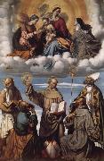 MORETTO da Brescia Saint Bernardino with Saints Jerome,Joseph,Francis and Nicholas of Bari,Virgin and Child in Glory with Saints Catherine of Alexandria and Clare oil painting reproduction